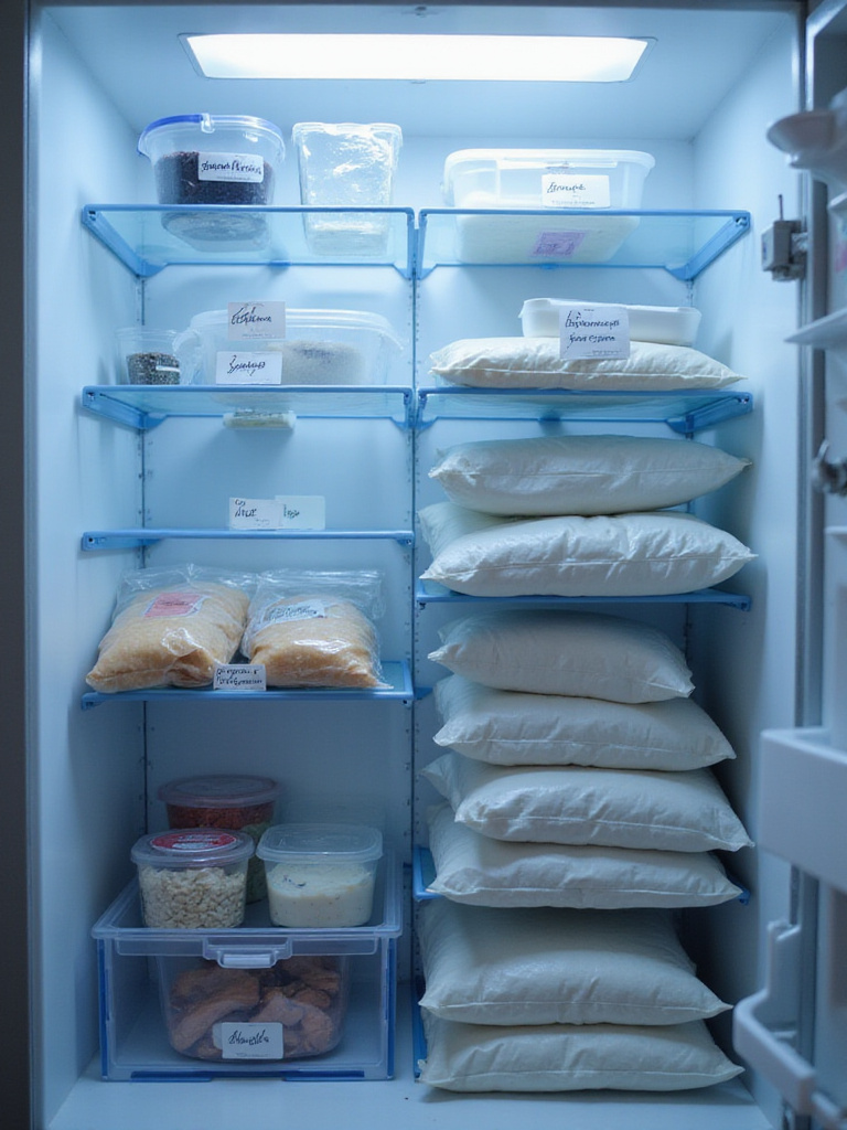 View inside a well-organized upright kitchen freezer showing shelves filled with neatly arranged, labeled food containers and bags, demonstrating efficient freezer storage.