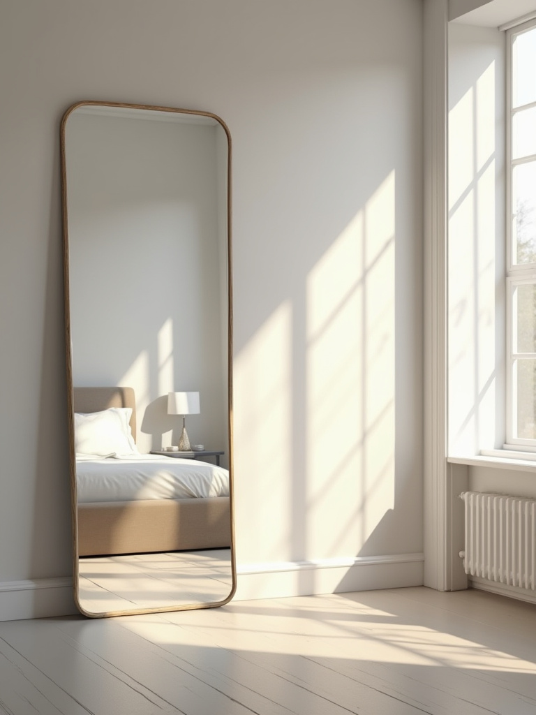 Modern bedroom with a frameless full-length mirror reflecting the room and creating a sense of spaciousness.