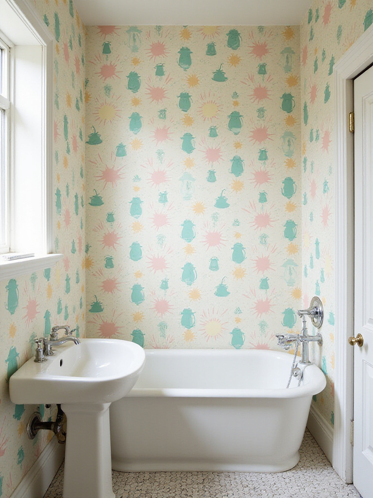 Vintage bathroom with whimsical novelty wallpaper featuring retro coffee pots and atomic starbursts.