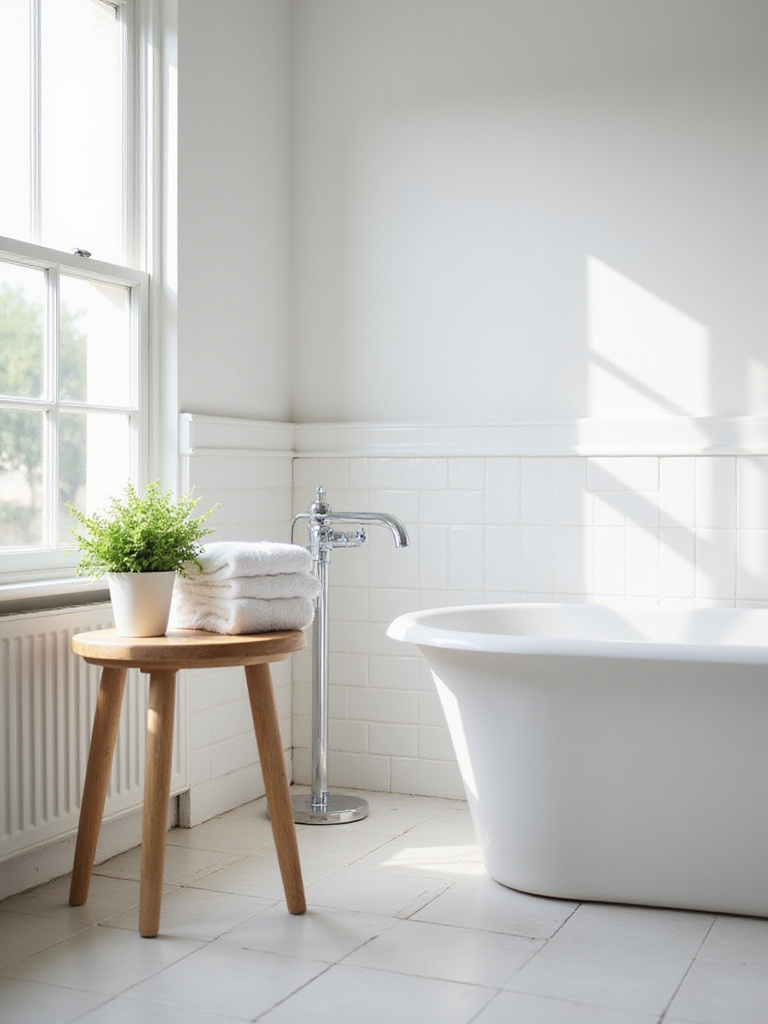 A small wooden stool next to a white bathtub, holding towels and a plant in a bright, clean bathroom.