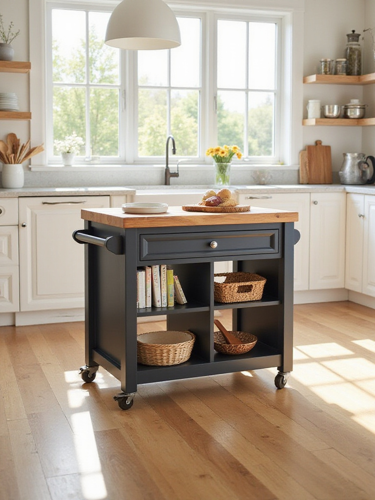 A modern kitchen featuring a rolling island with a butcher block top, showcasing its mobility and storage potential with open shelves and drawers.