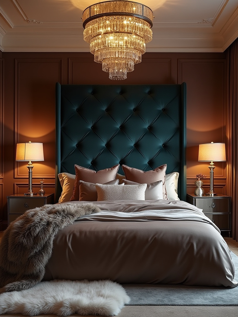 Luxurious glamorous bedroom featuring a tufted velvet headboard, layered plush bedding including faux fur, metallic gold accents on furniture and lighting, and a sparkling chandelier.