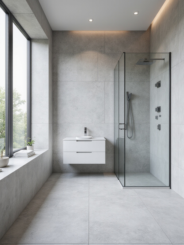 Modern bathroom with large format light grey tiles on walls and floor, creating a seamless, minimalist look with few grout lines.