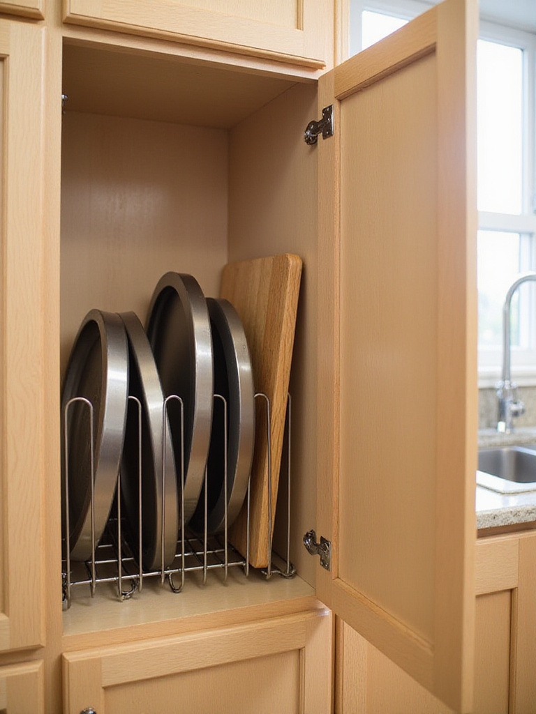 Inside a kitchen cabinet, baking sheets and cutting boards are stored upright in vertical wire dividers for easy access and organization.