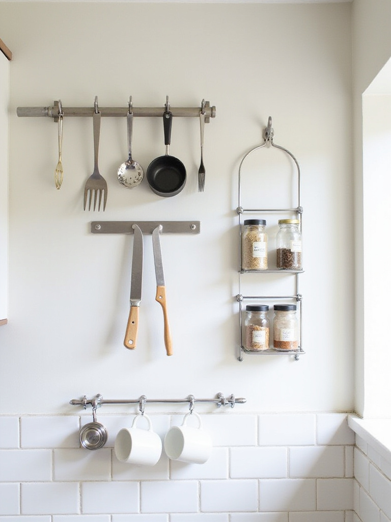 Kitchen wall with various vertical storage solutions including utensil rail, magnetic knife strip, and spice rack.