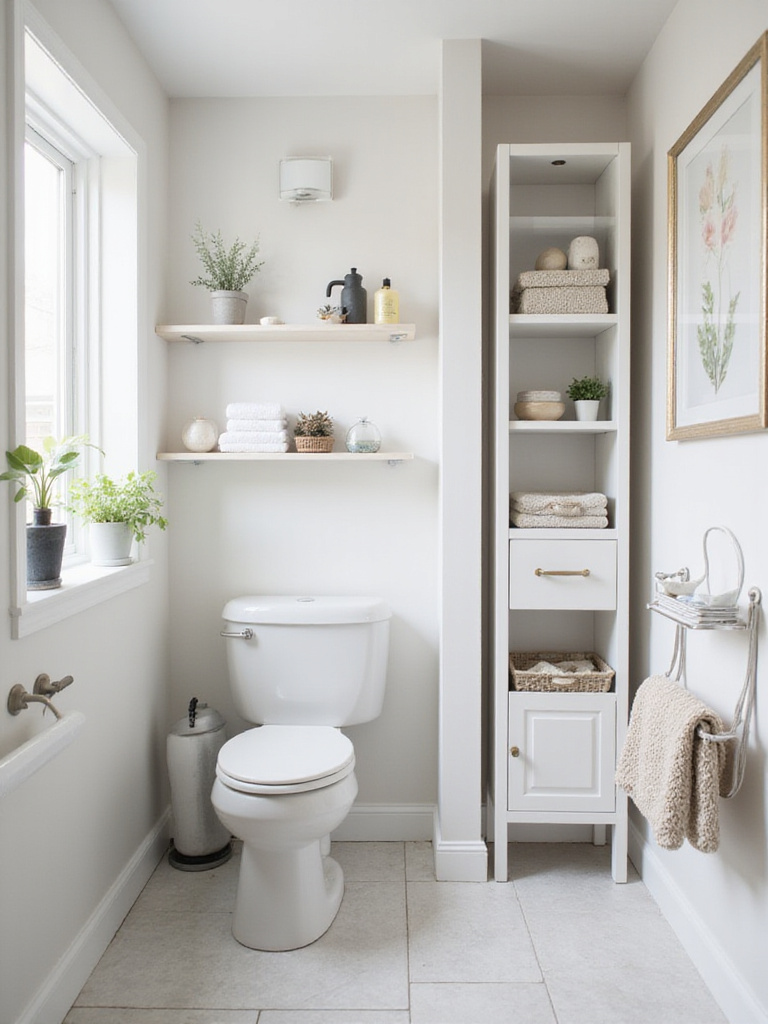 Small bathroom with white walls showcasing vertical storage: floating shelves above toilet, tall slim cabinet, and shower caddy maximizing wall space.