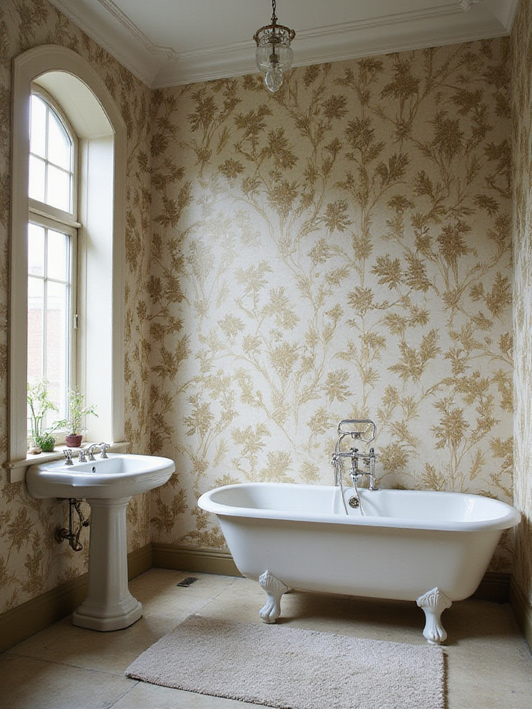 Vintage bathroom with dramatic large-scale botanical or Art Nouveau pattern wallpaper on the walls, featuring a pedestal sink and clawfoot tub.