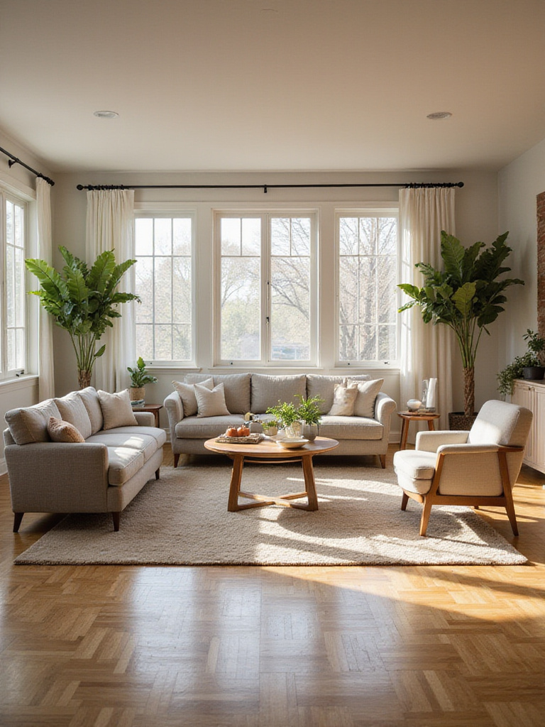 A modern living room with a large area rug defining the central seating zone, featuring a sofa, armchairs, and coffee table placed upon it.