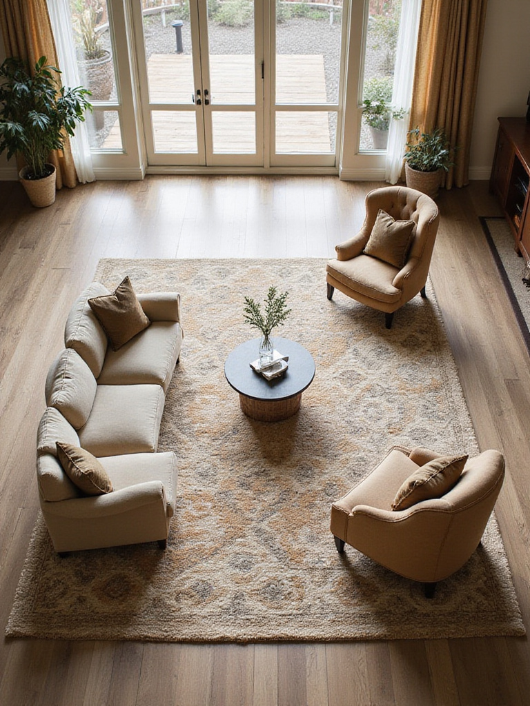 A living room with a large area rug visually anchoring a sofa, armchairs, and coffee table, demonstrating how a rug grounds the space.