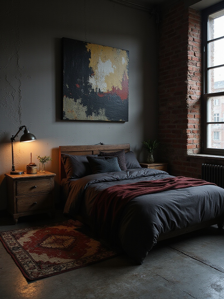 A grungy alternative bedroom featuring exposed brick, concrete floor, dark bedding, expressive abstract art above the bed, distressed wooden furniture, and industrial lighting.