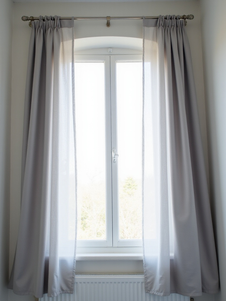 Small bedroom with curtains hung high and wide to maximize space and light