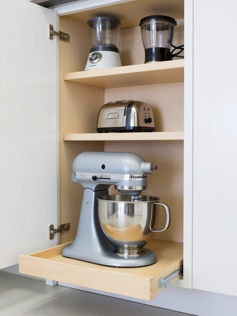 Efficient kitchen cabinet storage with a pull-out shelf holding a stand mixer, and shelves above organized with a blender and toaster.