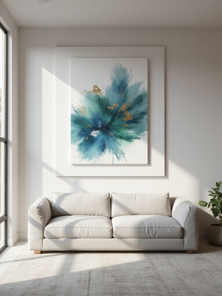 Large abstract painting hung above a gray sofa on a neutral wall in a modern living room. Creates a focal point.