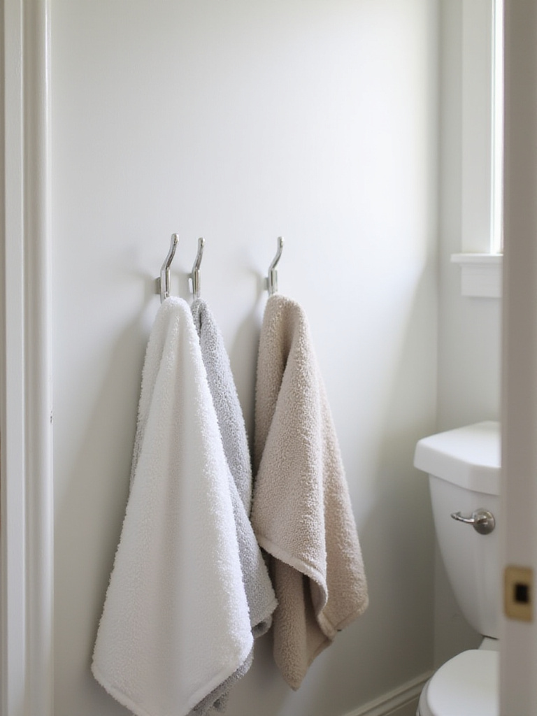 Space-saving towel storage in a small bathroom featuring bath towels neatly hung on a vertical row of hooks on a wall.