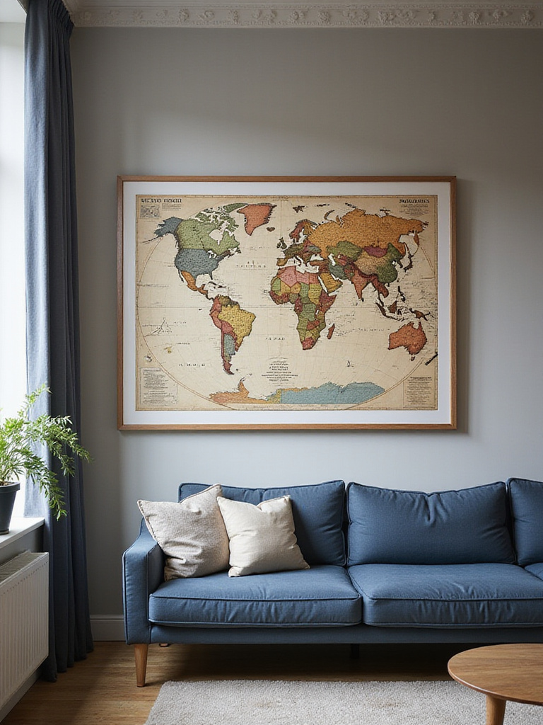 Large framed vintage world map hung above sofa in a modern living room.