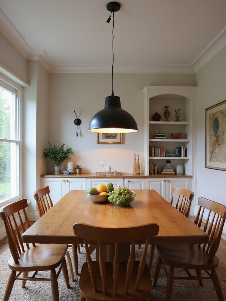 A statement pendant light made of durable materials hanging at a pet-safe height above a dining table, serving as a stylish focal point.