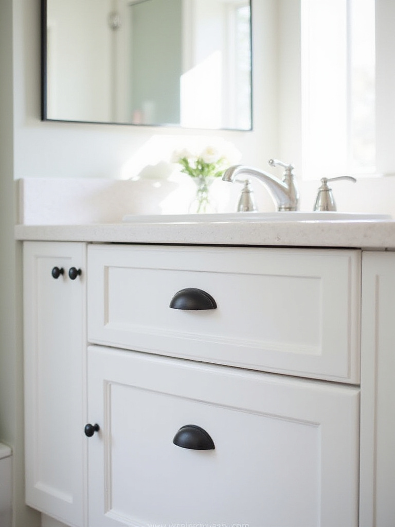 Modern bathroom vanity with updated black cabinet hardware and a stylish new faucet, demonstrating a budget-friendly makeover.