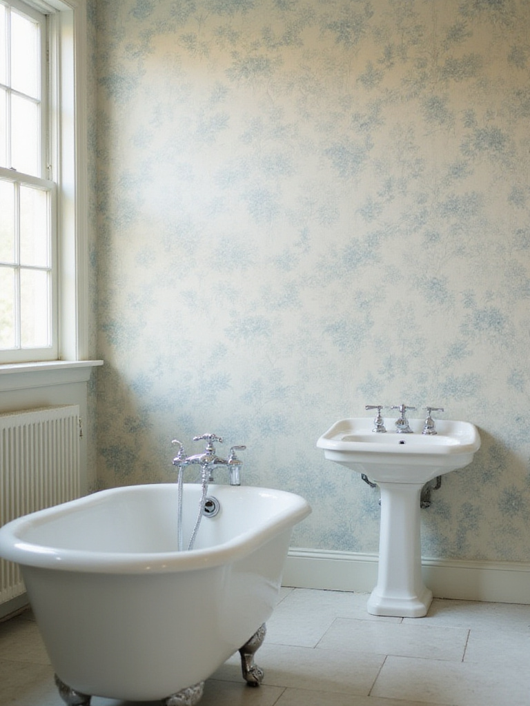 Vintage bathroom featuring floral wallpaper harmonizing with a white pedestal sink and clawfoot tub with chrome fixtures.