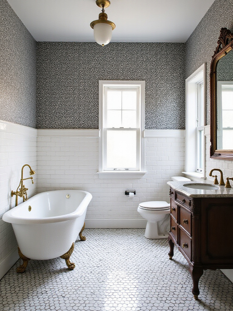 Vintage bathroom with high-contrast black and white geometric wallpaper above white subway tile, featuring a clawfoot tub and dark wood vanity with brass fixtures.