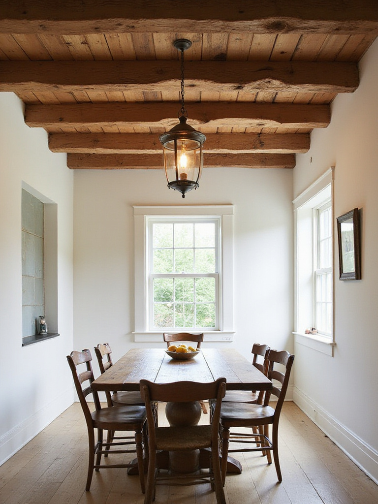 Farmhouse dining room featuring exposed wooden beams on the ceiling