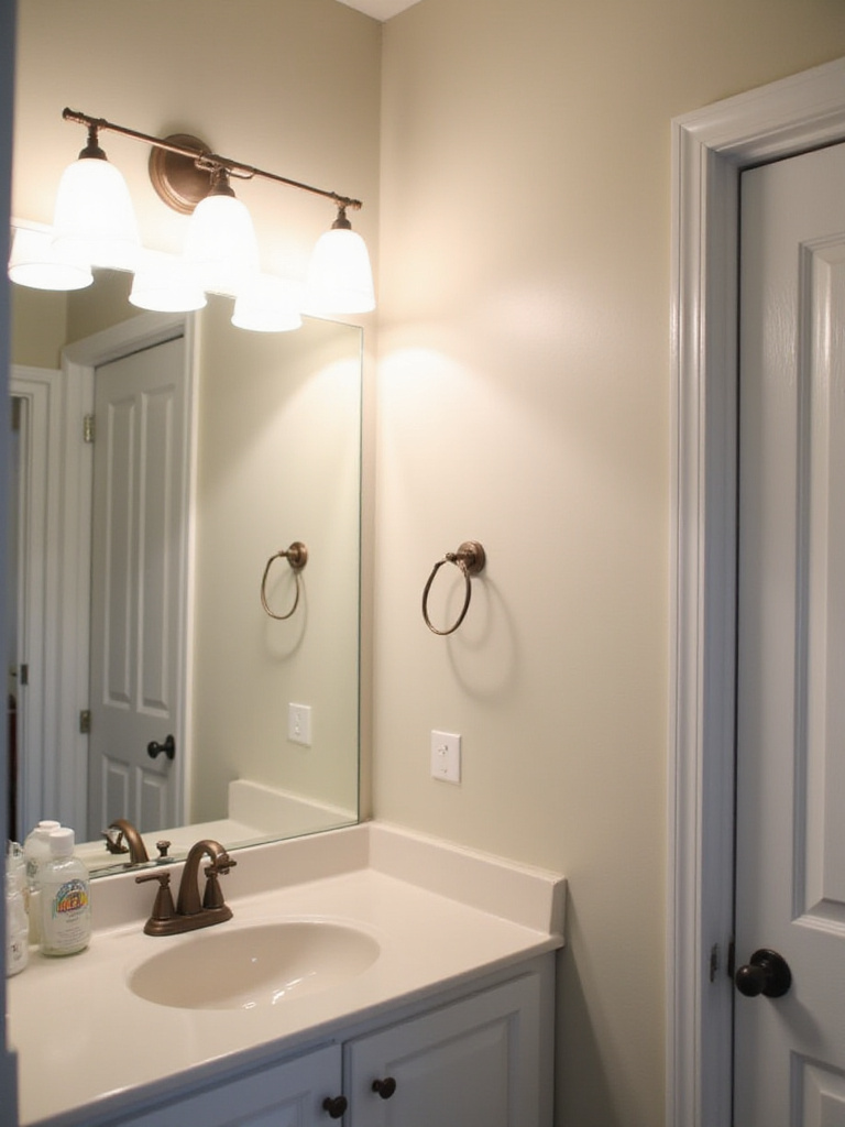 A budget bathroom makeover featuring a new, bright vanity light fixture illuminating a clean sink and mirror area.