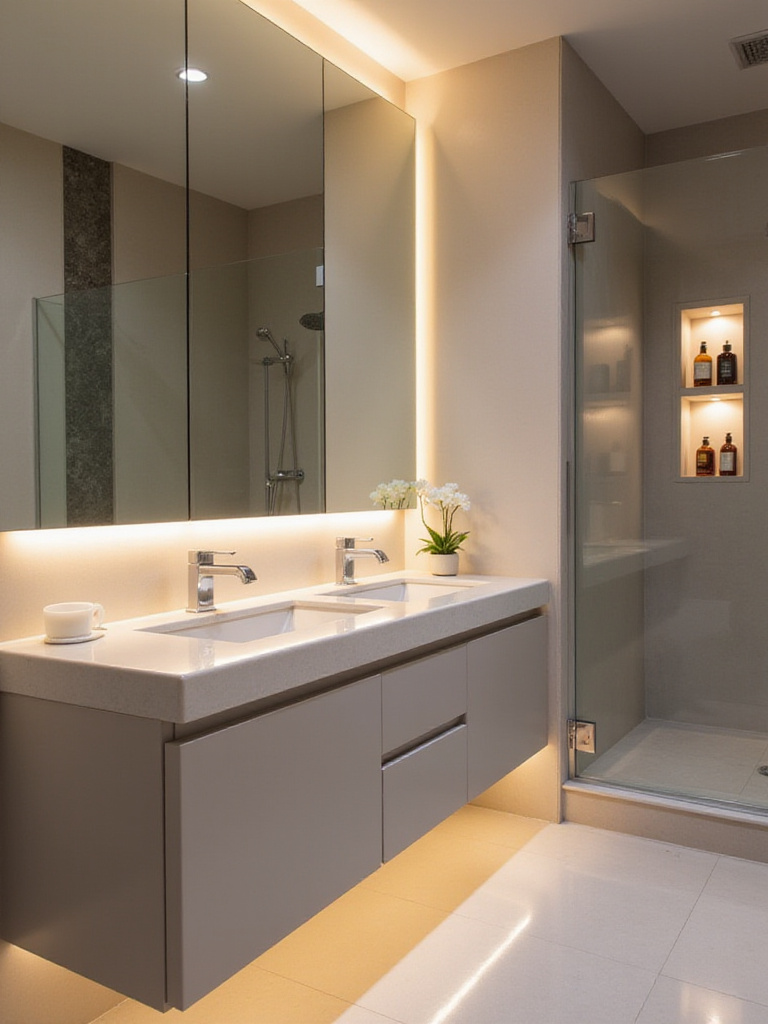 Modern bathroom showcasing integrated LED lighting under a floating vanity, behind a backlit mirror, and within a shower niche.