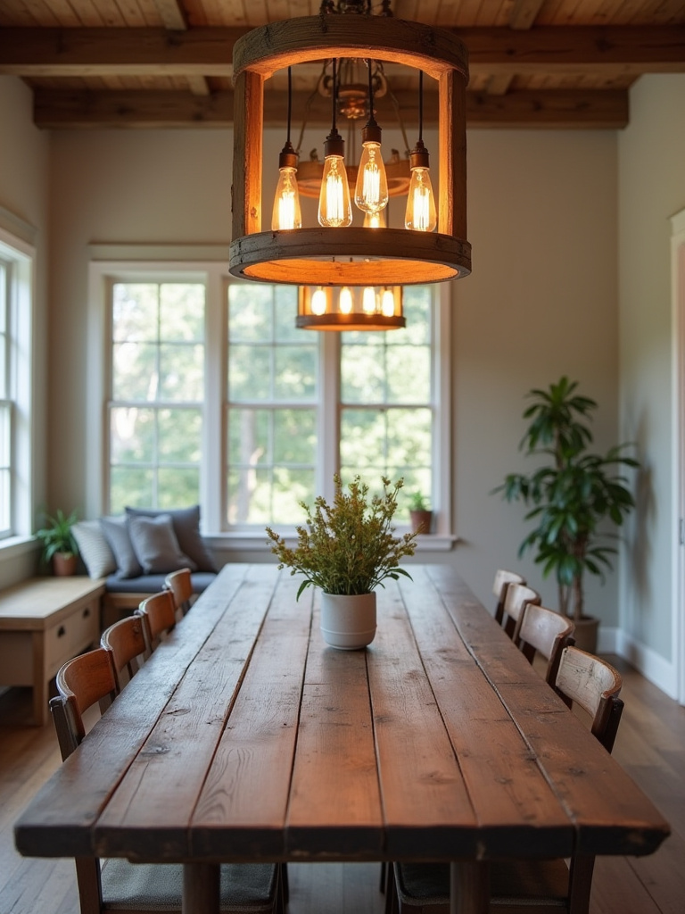 Farmhouse dining room with rustic wood chandelier and Edison bulbs