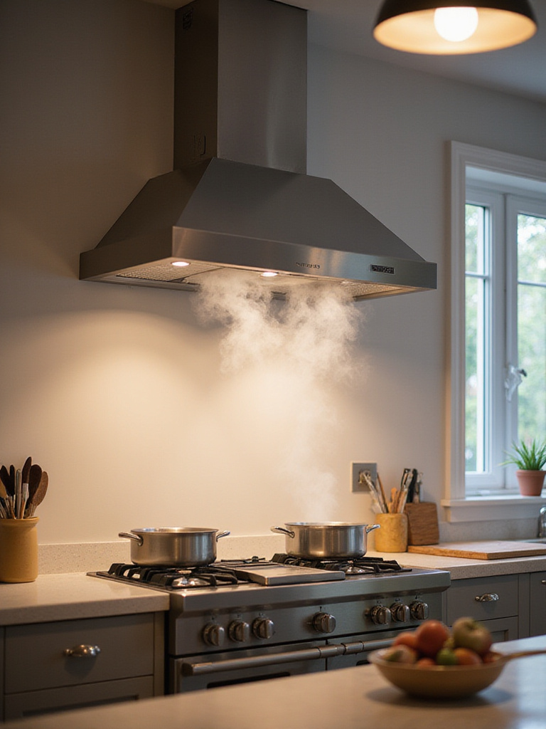 Modern kitchen range hood effectively capturing steam and smoke from a gas stove, illustrating proper ventilation.