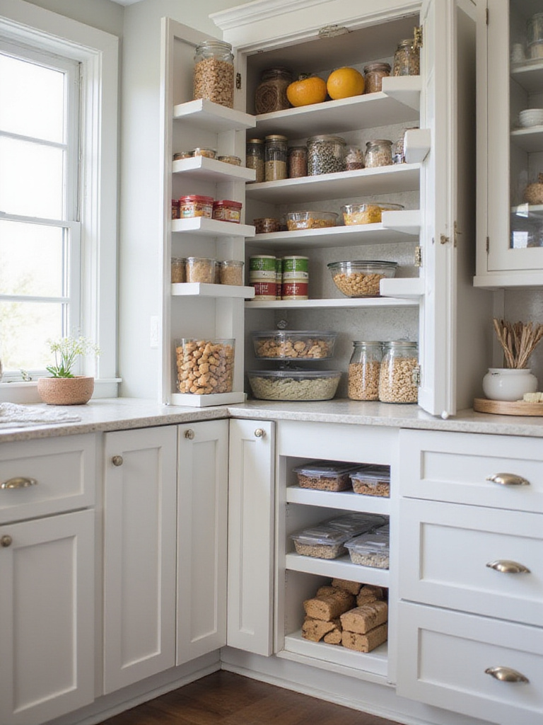 Modern kitchen pantry with organized storage solutions including clear containers and pull-out drawers.