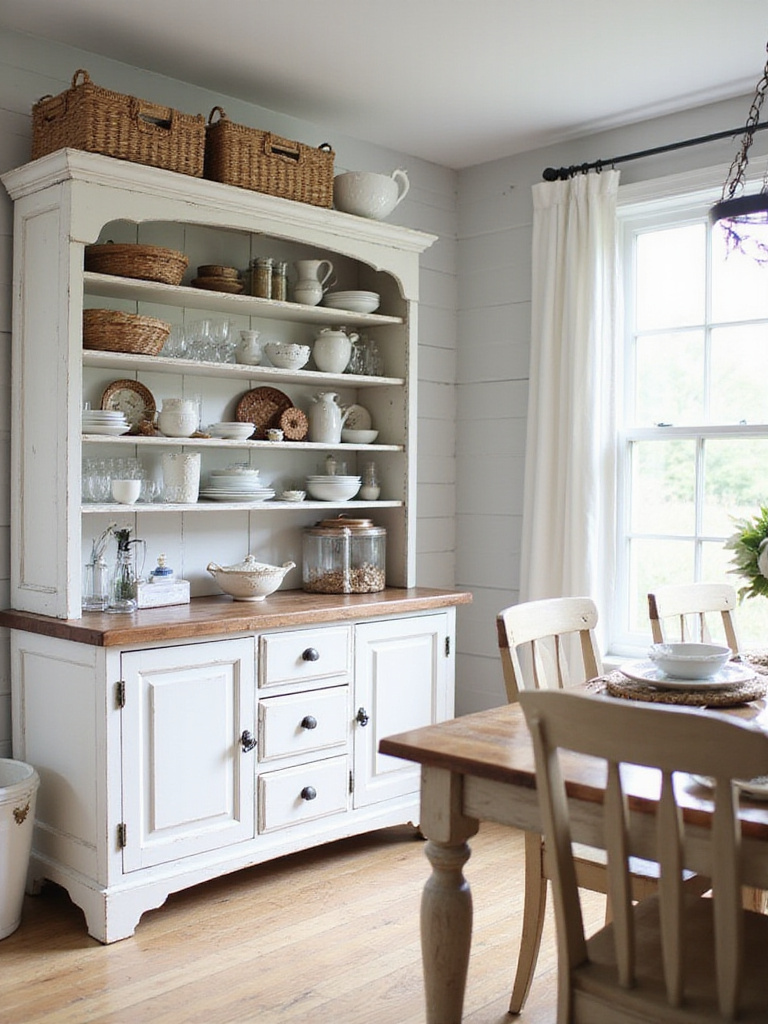 Farmhouse dining room with a distressed white hutch displaying antique china and glassware.