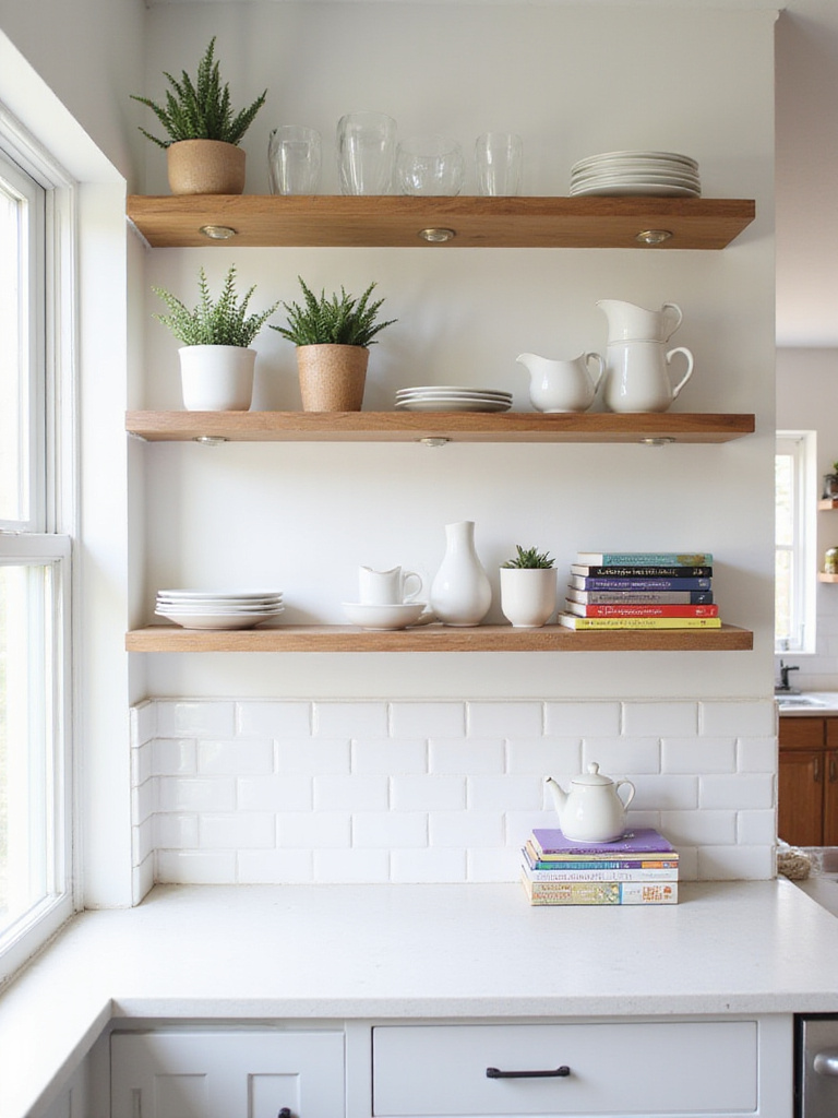 Modern kitchen featuring natural wood floating open shelves above a white subway tile backsplash, styled with white dishes, glassware, plants, and cookbooks.