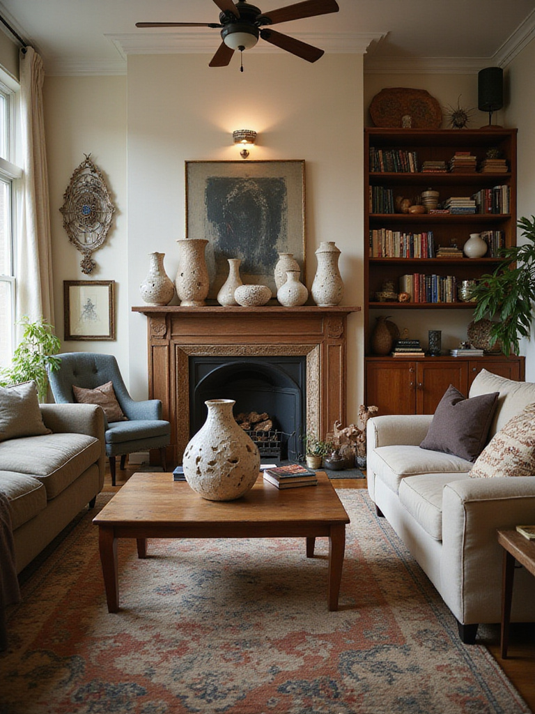 An eclectic living room featuring a mix of furniture, textiles, and art, showcasing various sculptural and unique decorative accessories on tables, shelves, and walls.