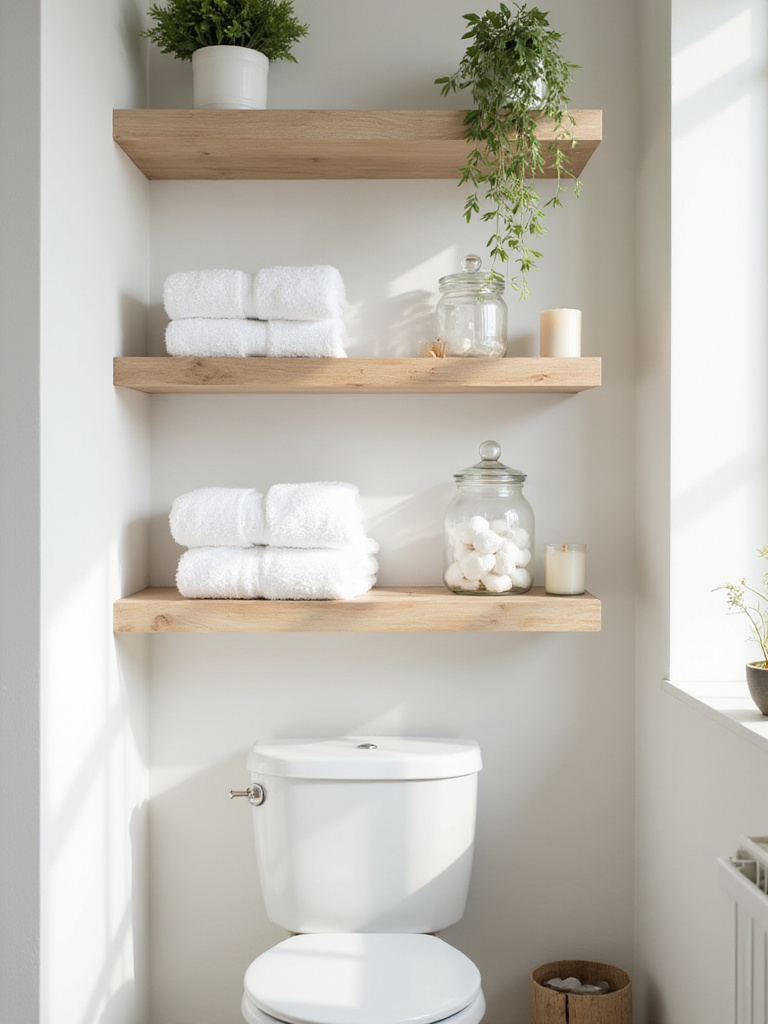 Stylish open shelving above a toilet in a small modern bathroom, displaying neatly folded towels, a plant, and decorative items to maximize storage and add style.