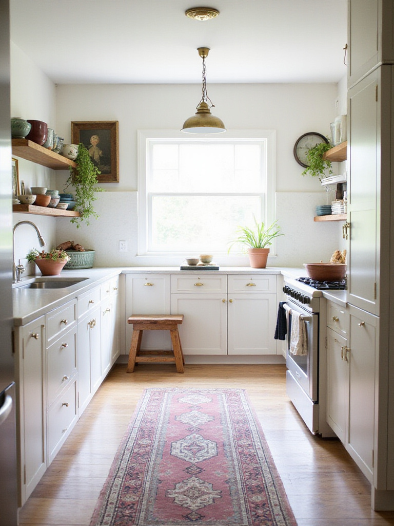 A kitchen interior blending modern design with vintage decor, featuring a colorful vintage rug, antique lighting, and open shelves displaying vintage ceramics.