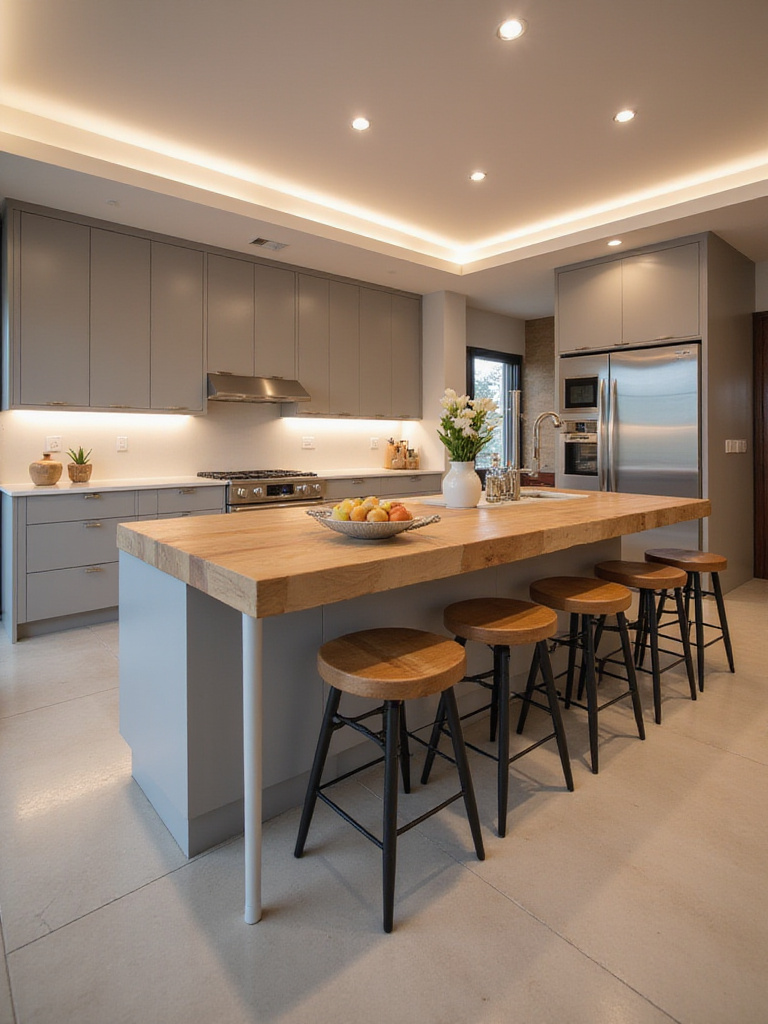 Modern kitchen with a large kitchen island featuring butcher block countertop and bar stools