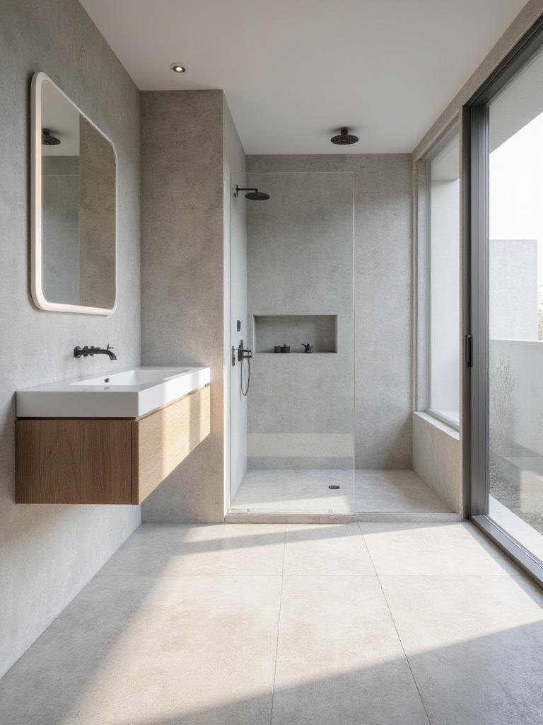 Modern bathroom with seamless light grey microcement walls and floor, featuring a minimalist wooden vanity and glass shower partition.