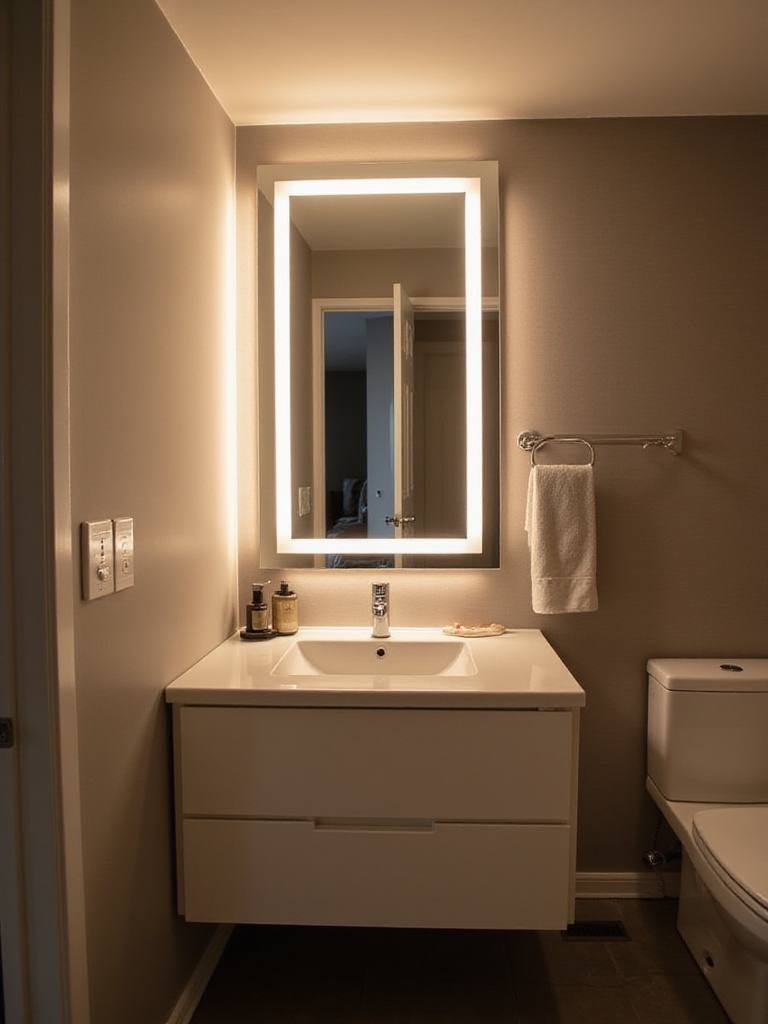Modern bathroom vanity with adjustable LED lighting controlled by a dimmer switch.