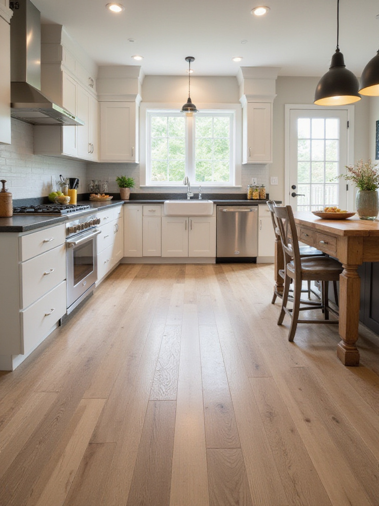 Modern kitchen with luxury vinyl plank flooring, bright lighting, and inviting atmosphere.