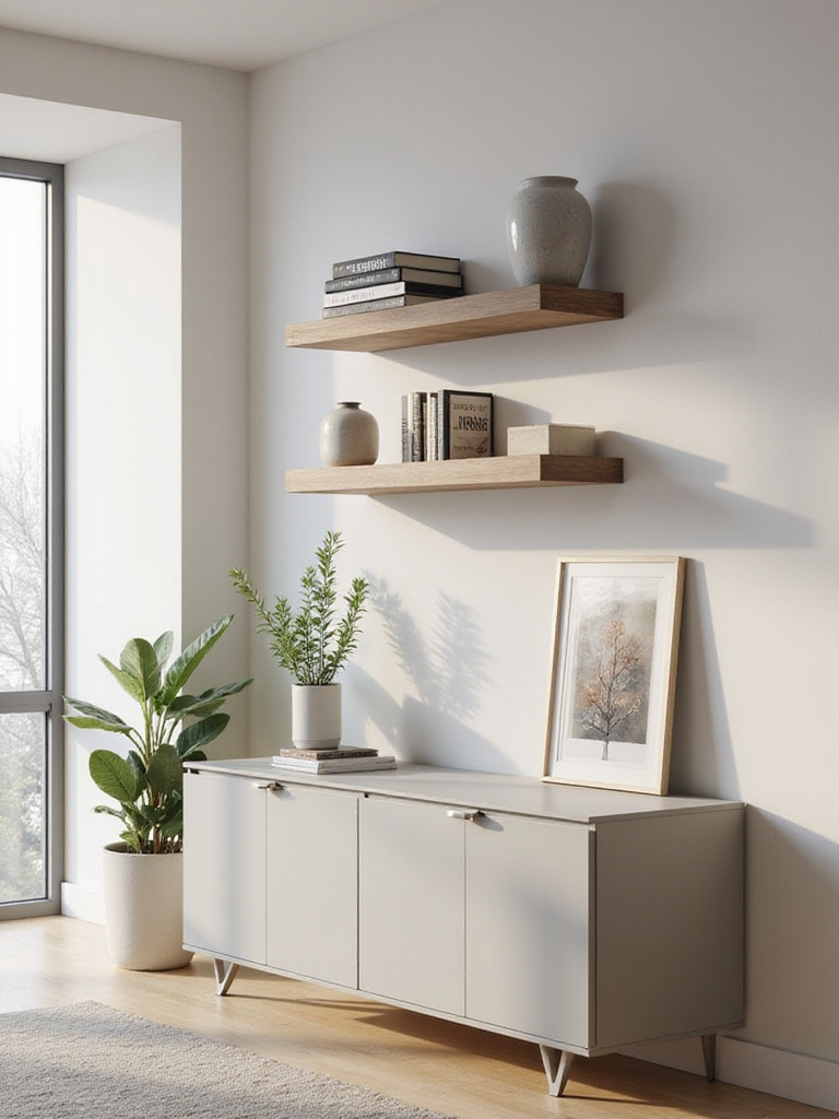 Floating shelves on a modern living room wall displaying books, plants, and decor. Adds storage and style.