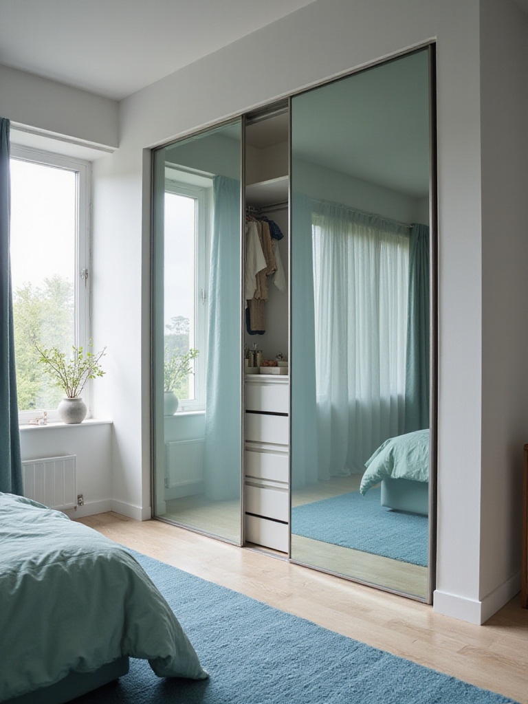 Small bedroom with mirrored sliding closet doors.