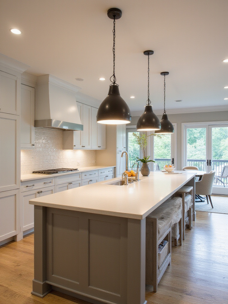 Modern kitchen island with several statement pendant lights hanging above it, showcasing key kitchen lighting design.