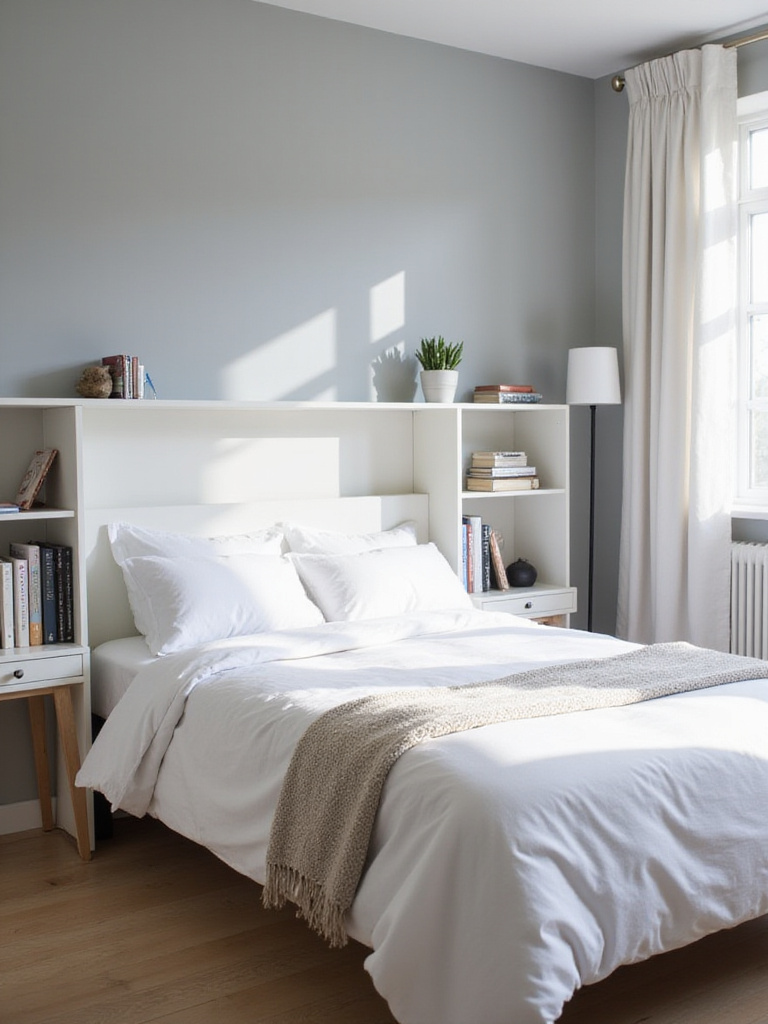 Small bedroom with a queen bed and a headboard featuring built-in storage shelves.