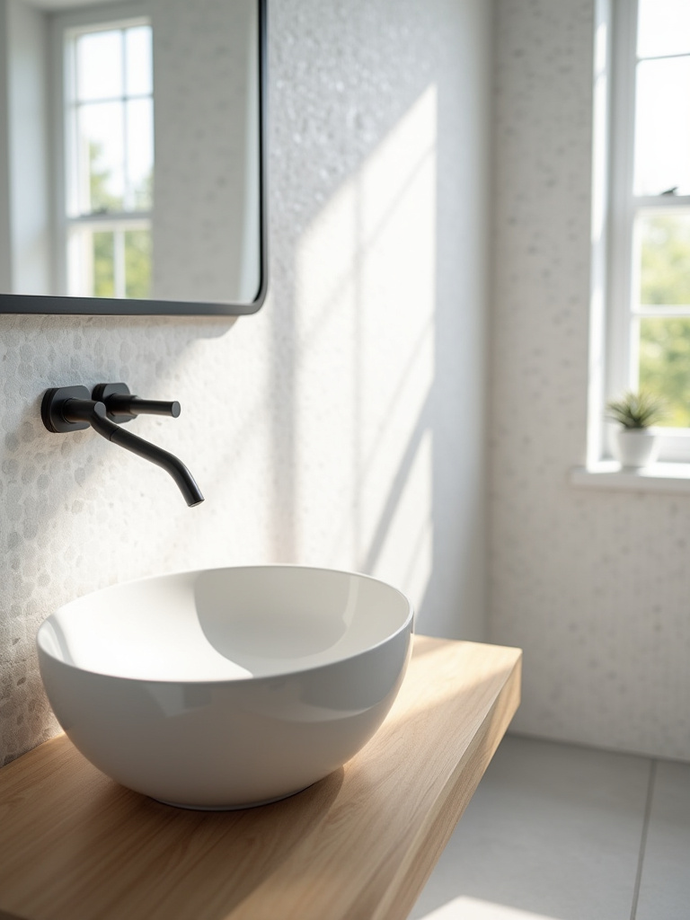Modern small bathroom with a sleek matte black wall-mounted faucet over a white vessel sink on a floating wood vanity, maximizing counter space.