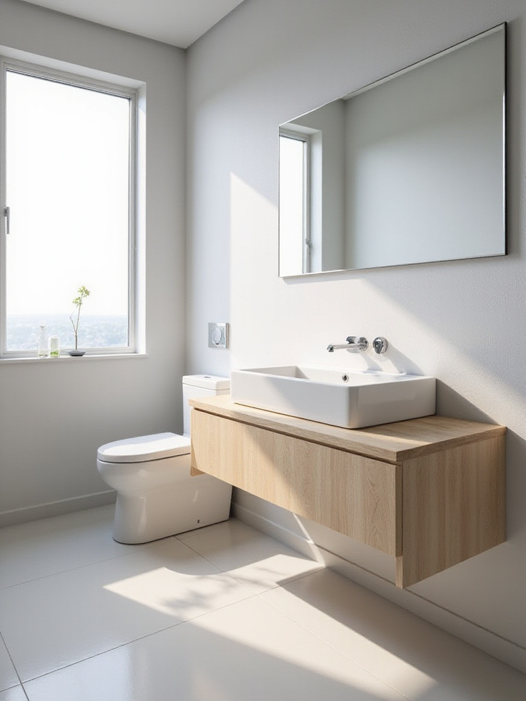 A modern small bathroom featuring a space-saving floating vanity in a light color mounted on the wall, showcasing the open floor space underneath. Includes a mirror above the vanity and a toilet, illustrating a clever design idea for maximizing space in tight bathrooms.