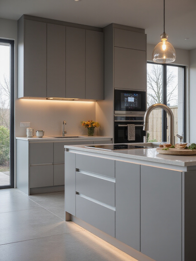 Contemporary kitchen with seamlessly integrated smart technology, featuring a flush-mounted island display, smart under-cabinet lighting, and sleek smart appliances.