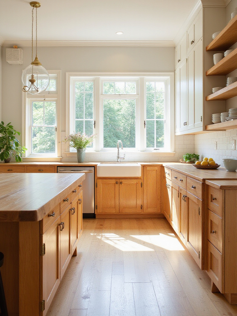 Warm and inviting transitional kitchen with medium oak cabinets, butcher block island top, wood open shelving, and warm wood flooring.