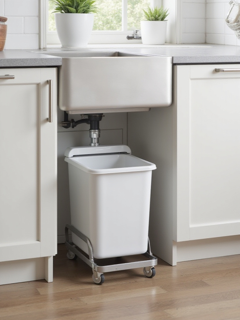 A professional photo of a slim trash can under a kitchen sink, showcasing a space-efficient design.