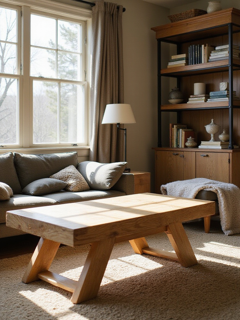Living room featuring high-quality, durable furniture including a solid wood coffee table, a sofa with performance fabric upholstery, and a sturdy bookcase, illustrating the benefits of investing in lasting materials.