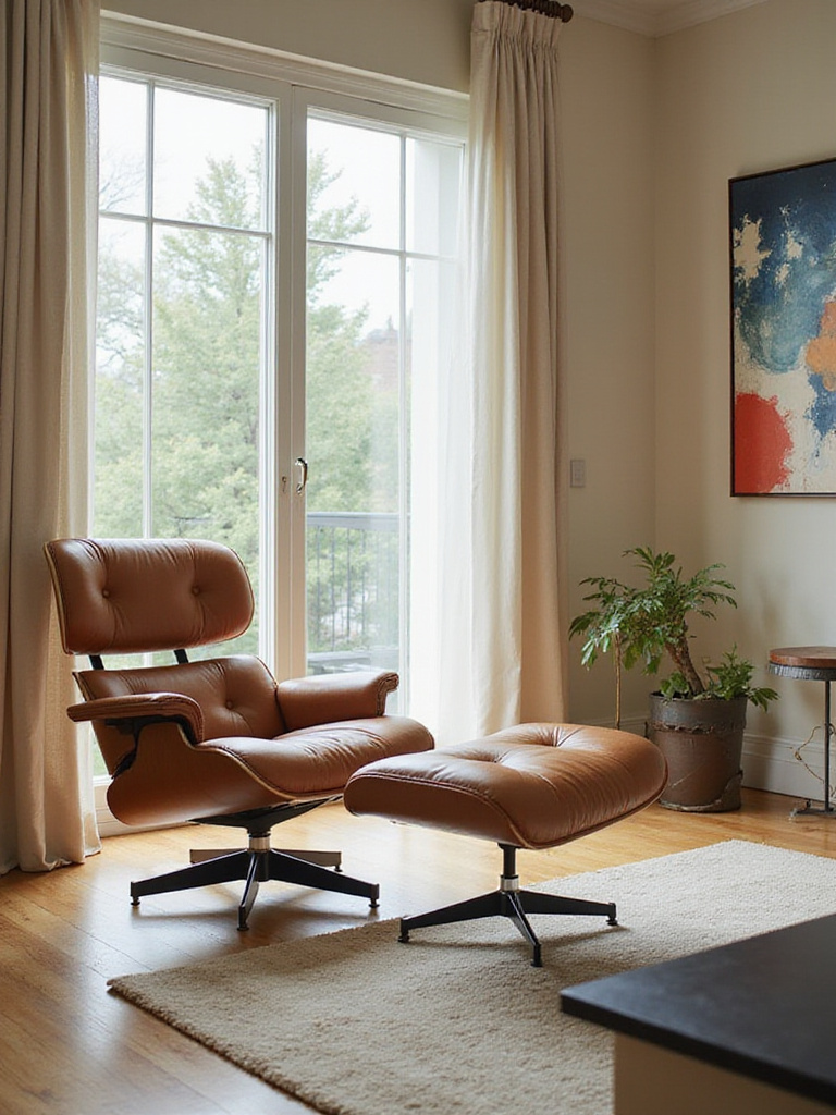 Luxurious living room interior featuring an Eames Lounge Chair and Ottoman.