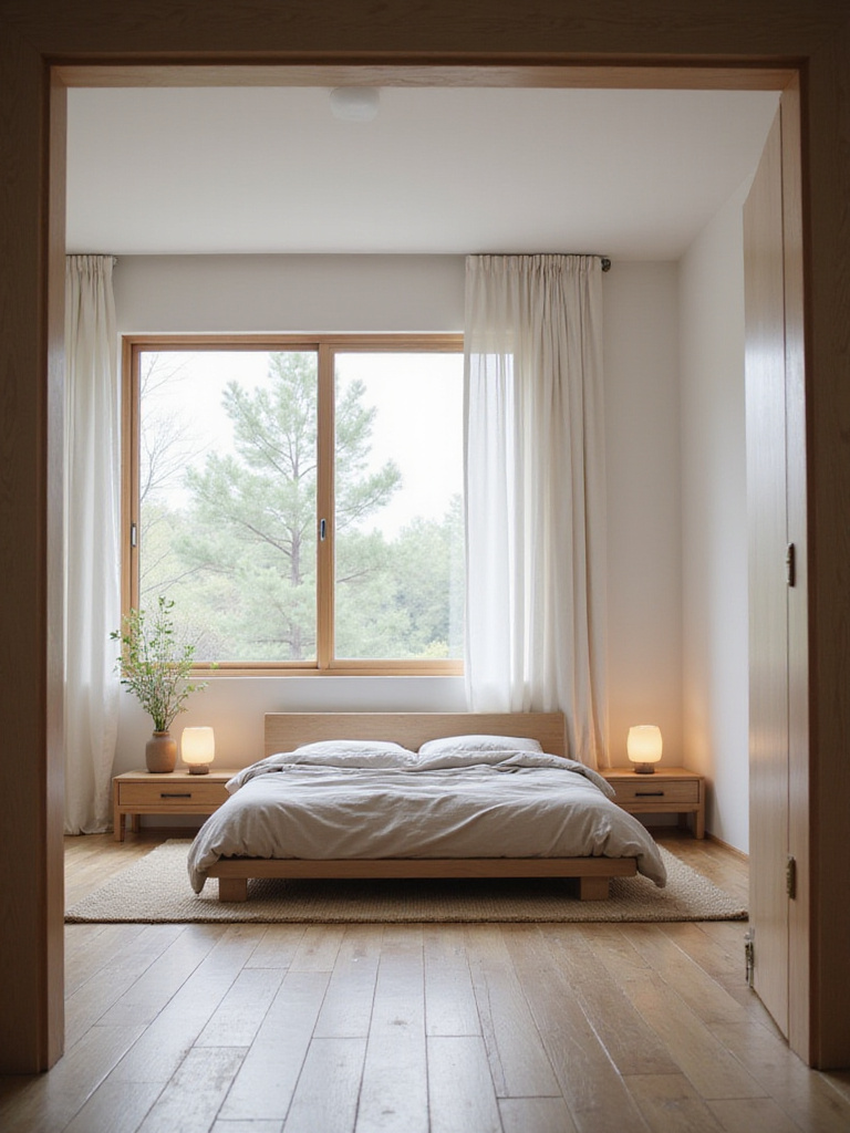 A serene Japandi style bedroom with a low-profile wooden bed, minimalist furniture, natural textures, and a muted color palette.